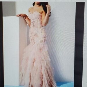 Jovani Strapless Blush Feather Gown